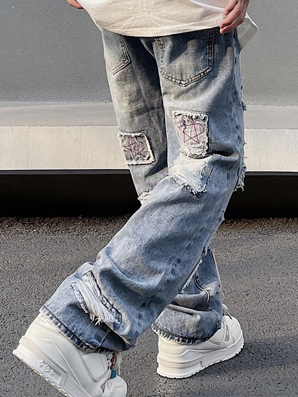 Gewaschene, zerrissene Burr-Jeans für Herren mit geradem Bein-1