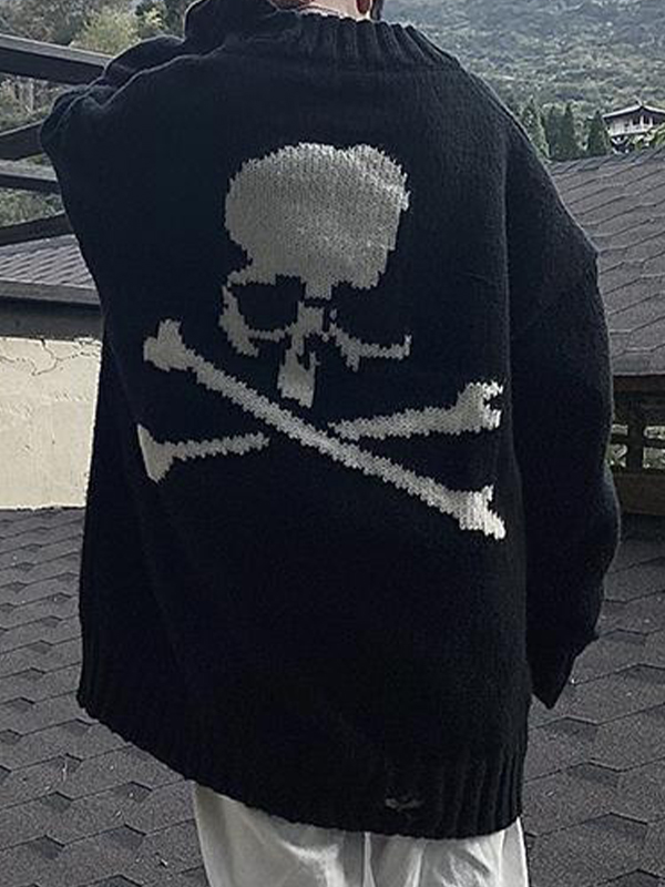 Lockerer Herrenpullover mit Totenkopf-Tattered-Saum-2