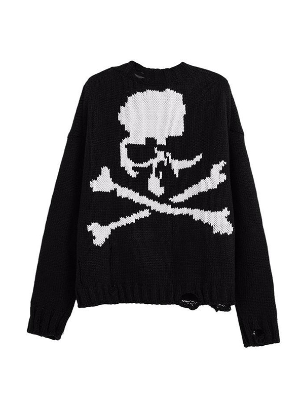 Lockerer Herrenpullover mit Totenkopf-Tattered-Saum-4