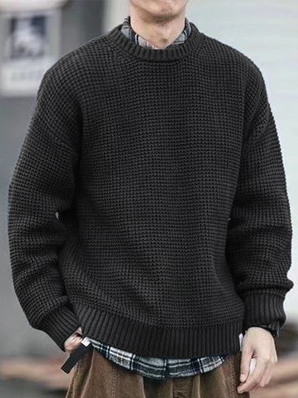 Einfarbiger lockerer Herrenpullover mit Waffelmuster-1
