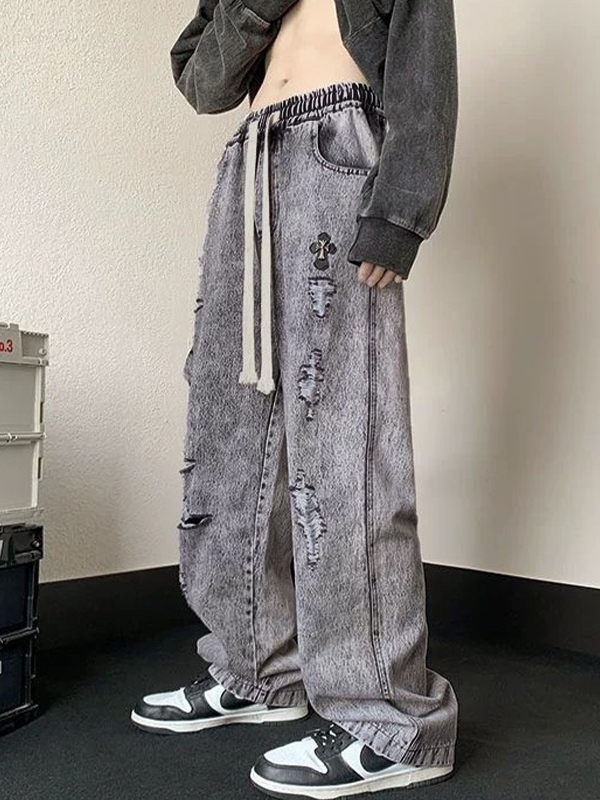 Lose Herrenjeans mit zerrissenem Kordelzug in grauer Waschung-2