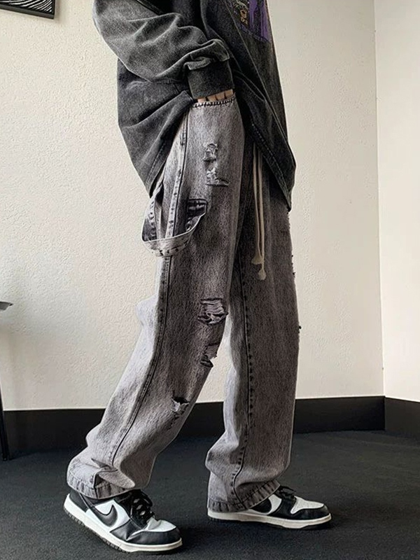 Lose Herrenjeans mit zerrissenem Kordelzug in grauer Waschung-1