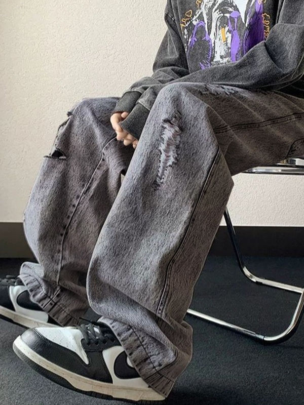Lose Herrenjeans mit zerrissenem Kordelzug in grauer Waschung-4