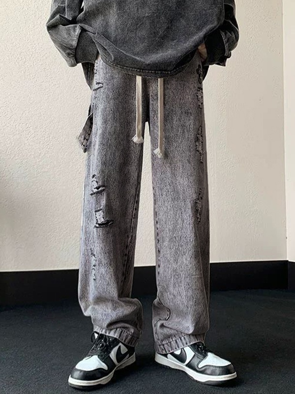Lose Herrenjeans mit zerrissenem Kordelzug in grauer Waschung-3