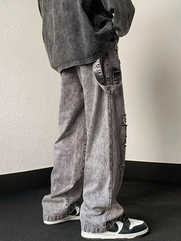 Lose Herrenjeans mit zerrissenem Kordelzug in grauer Waschung-5