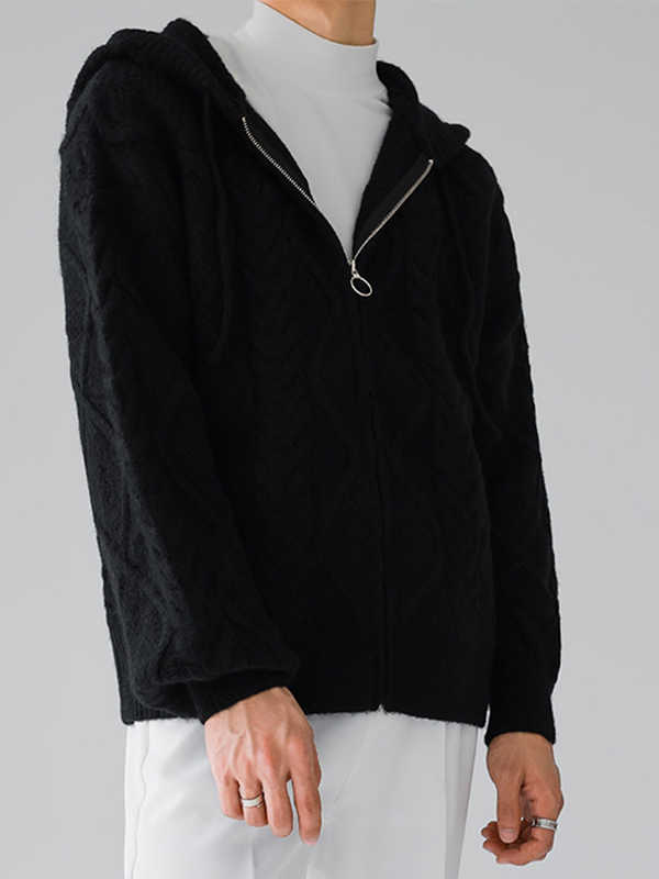 Übergroßer Herren-Kapuzenpullover mit Zopfmuster und Reißverschluss-1