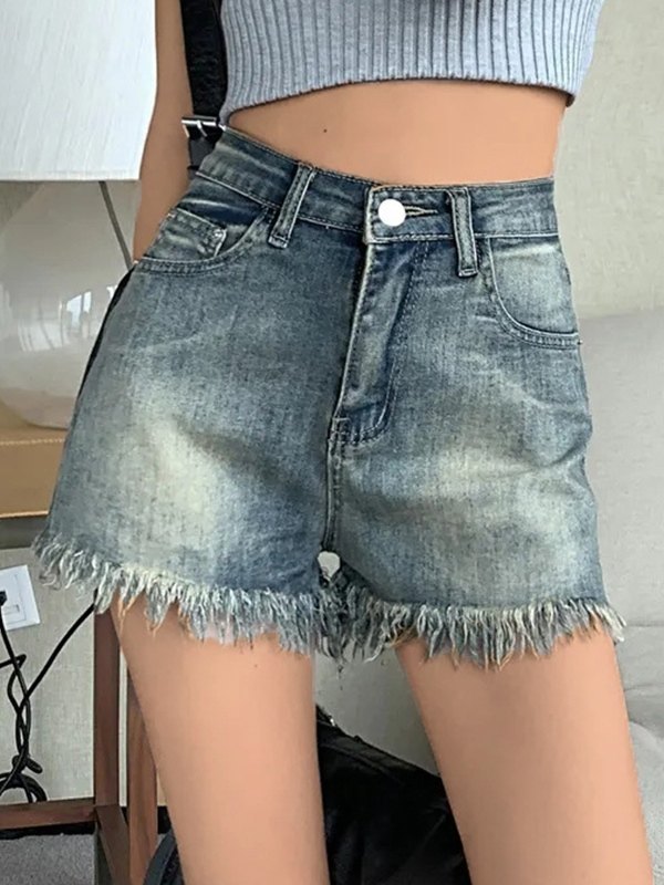 Ausgefranste Jeansshorts mit hoher Taille-3