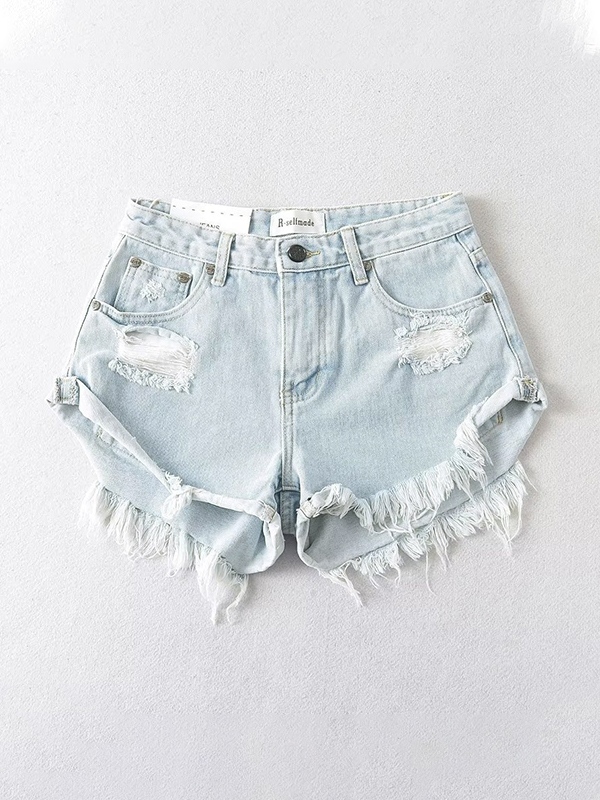 Umklappbare, zerrissene Burr-Denim-Shorts-4