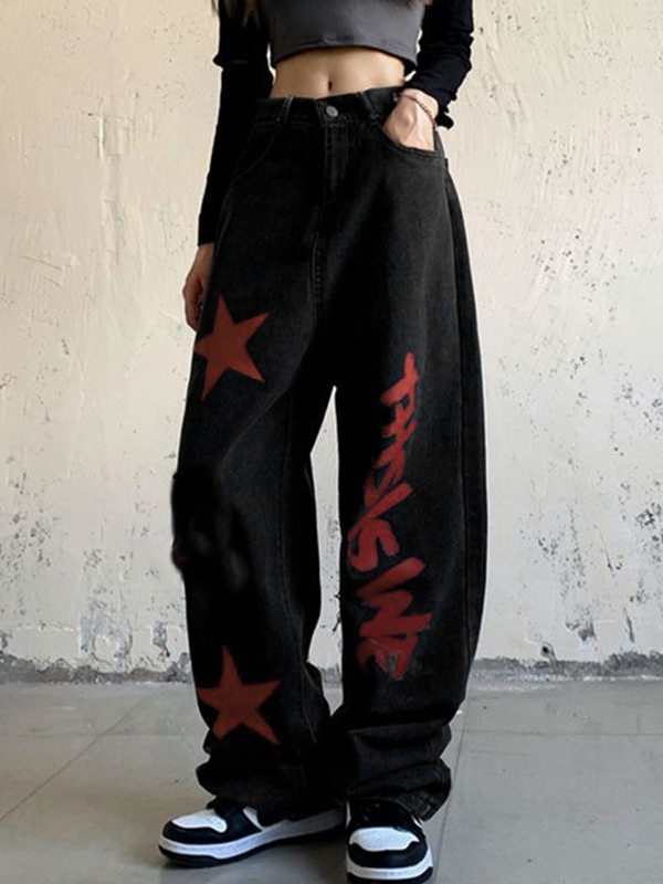 Boyfriend-Jeans mit hohem Bund und kontrastierendem Farbdruck-2