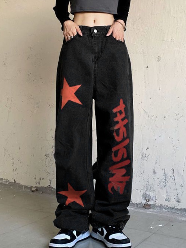 Boyfriend-Jeans mit hohem Bund und kontrastierendem Farbdruck-1