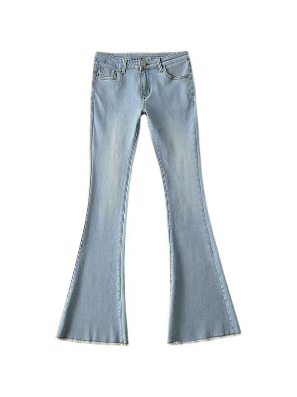 Gewaschene, dehnbare, ausgestellte Jeans mit niedrigem Bund-4