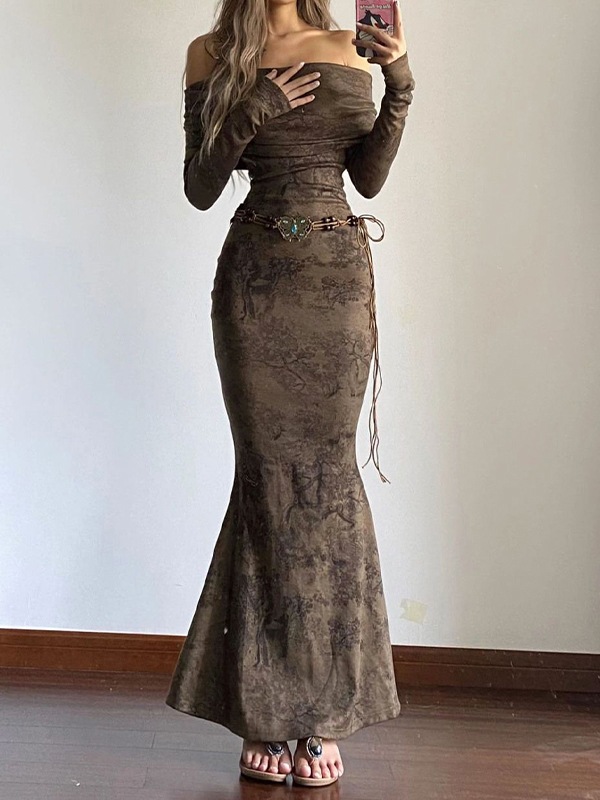 Schulterfreies Maxikleid im Meerjungfrau-Stil mit zufälligem Print-1