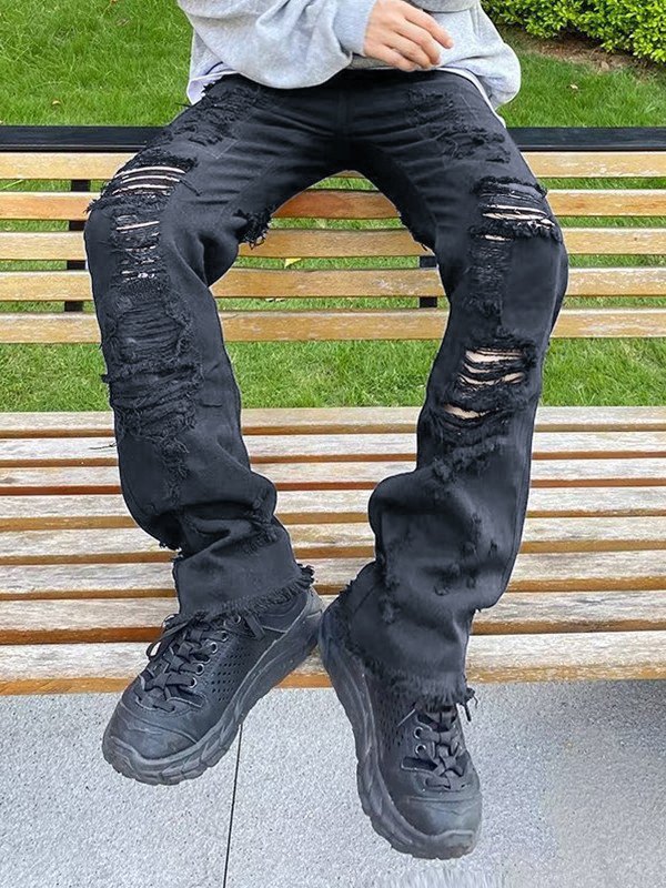 Herren-Jeans mit geradem Bein und bestickter Distressed-Rückenstickerei-3