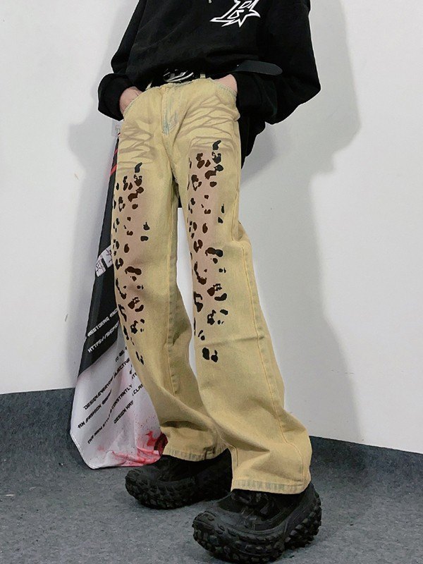 Herren-Jeans mit geradem Bein und Leopardenmuster in Vintage-Waschung-1