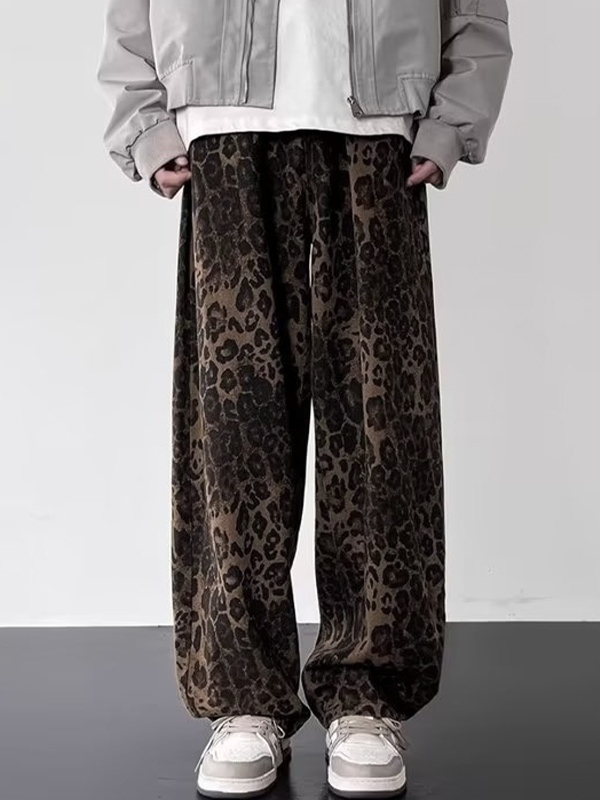 Lose Jeans für Herren im amerikanischen Retro-Nischen-Stil mit Leopardenmuster-1