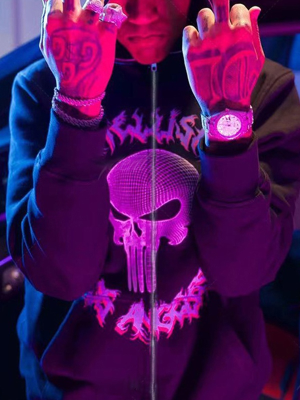 Übergroßer Kapuzenpullover mit Rock-Skull-Print für Herren-3