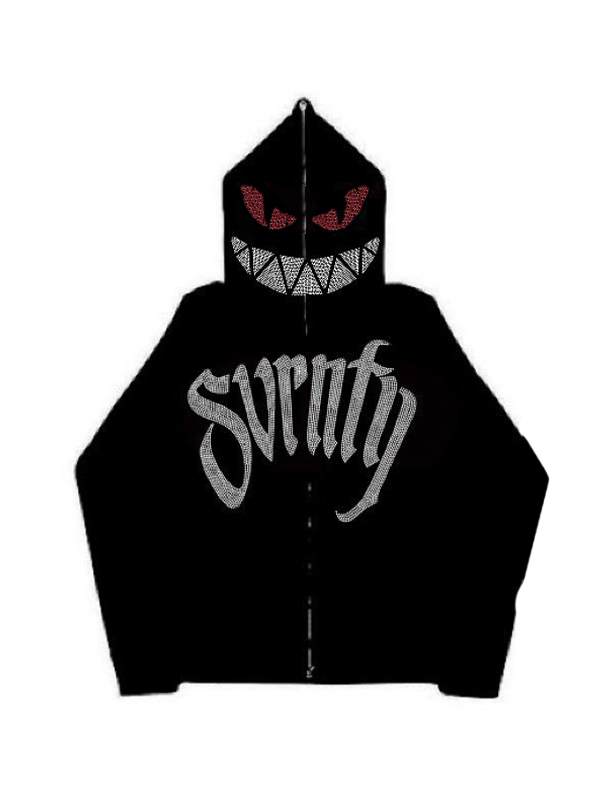 Schmaler, übergroßer Kapuzenpullover mit Devil Moon-Strass-Print für Herren-3