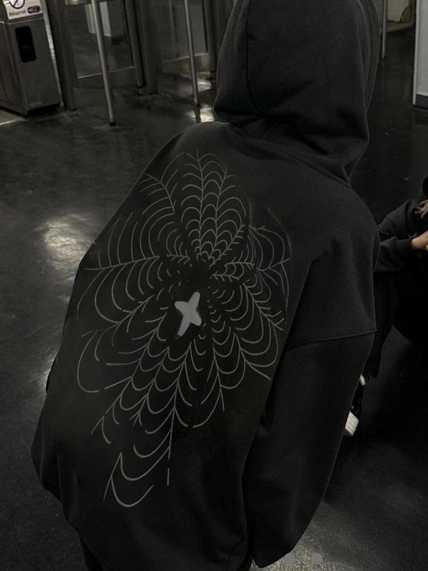 Übergroßer Kapuzenpullover mit Spinnennetz-Print für Herren-2