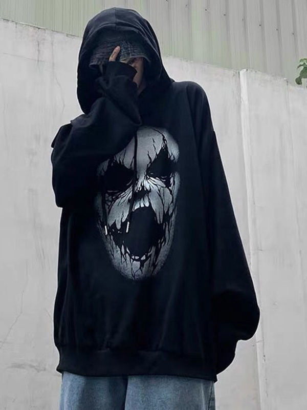 Übergroßer Kapuzenpullover mit Hip-Pop-Schädel-Print für Herren-4