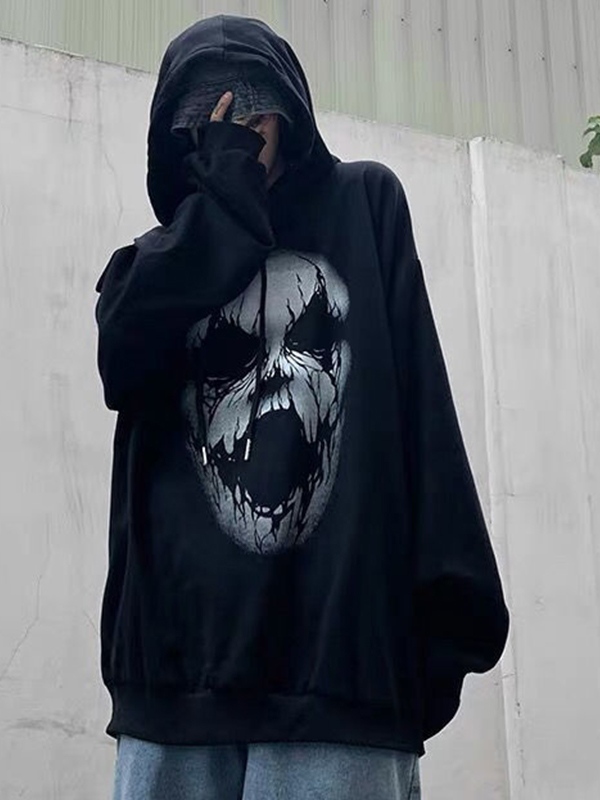 Übergroßer Kapuzenpullover mit Hip-Pop-Schädel-Print für Herren-2