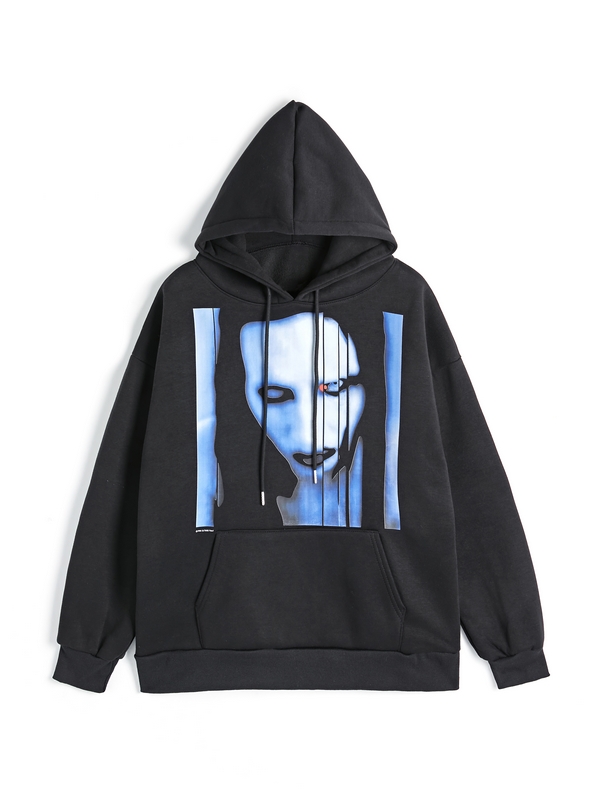 Übergroßer Kapuzenpullover mit Rock-Charakter-Print für Herren-1