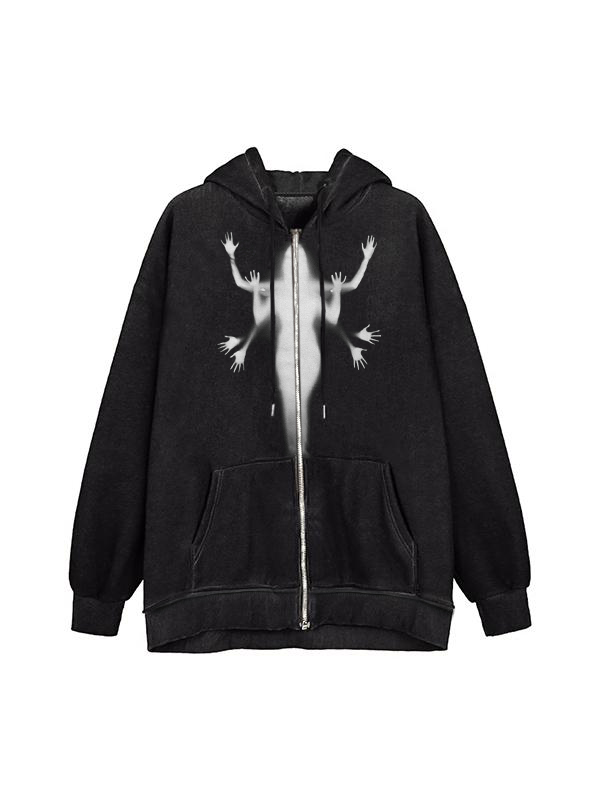 Übergroßer Kapuzenpullover mit Street-Character-Print und Reißverschluss-1