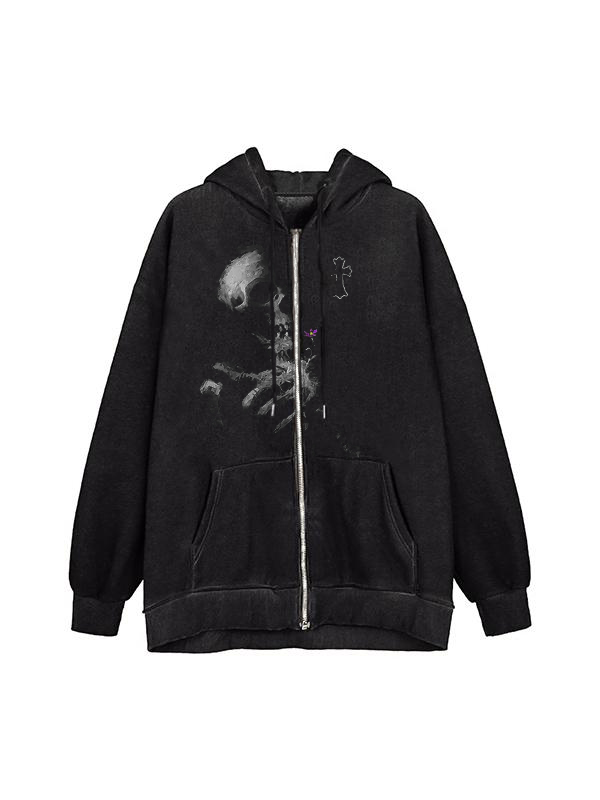 Street Blurred Skull Print Übergroßer Kapuzenpullover mit Reißverschluss-1