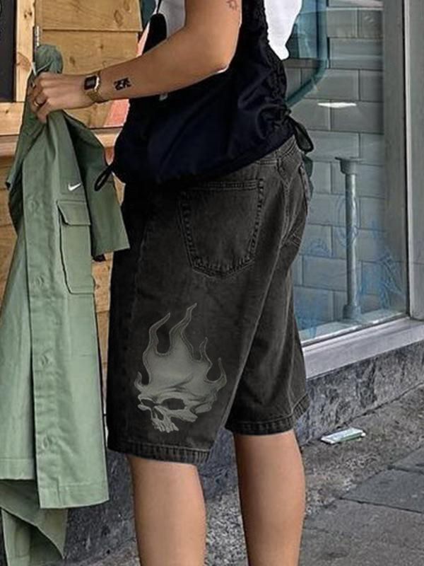 Jeansshorts mit geradem Bein und Skelett-Muster-1