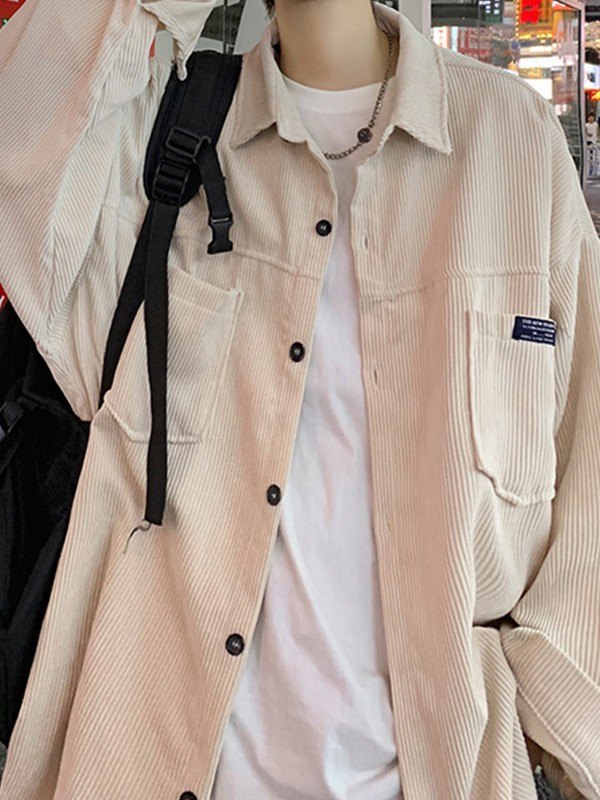 Einfaches Cord-Langarmhemd mit Taschen für Herren-2