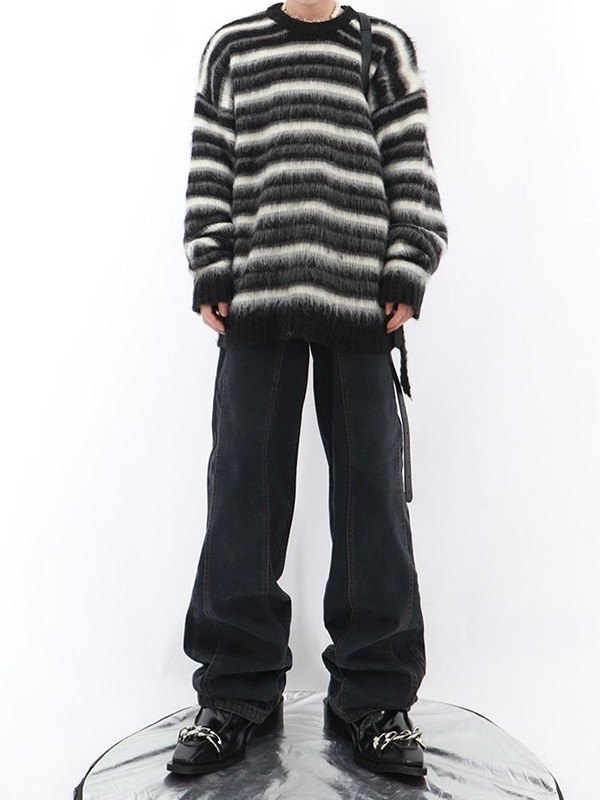 Kontrastgestreifter Fuzzy-Strickpullover für Herren-4