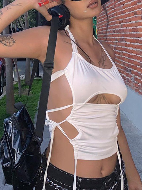 Weißes, geschnürtes Crop-Cami-Top mit Ausschnitt und Neckholder-1