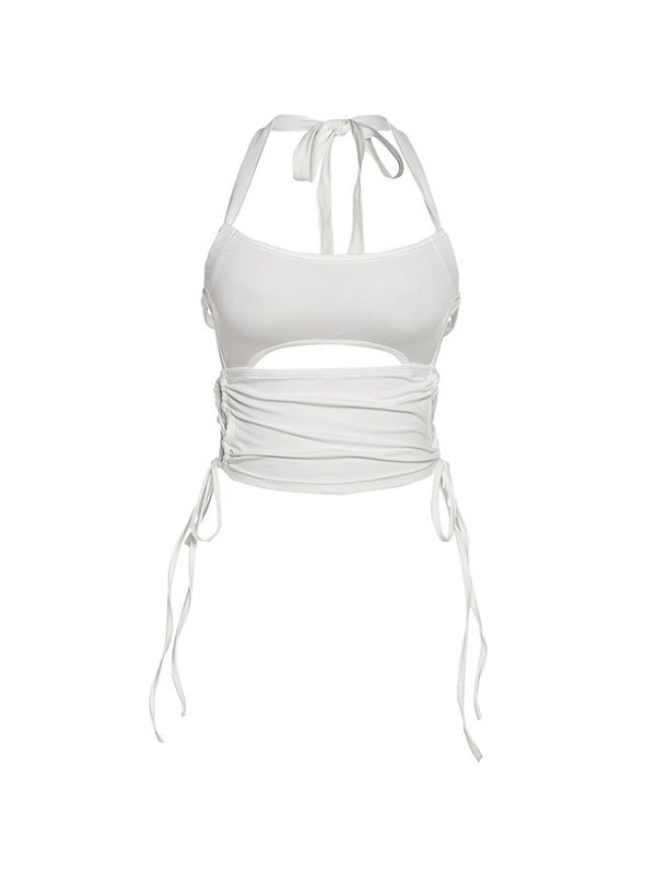 Weißes, geschnürtes Crop-Cami-Top mit Ausschnitt und Neckholder-4