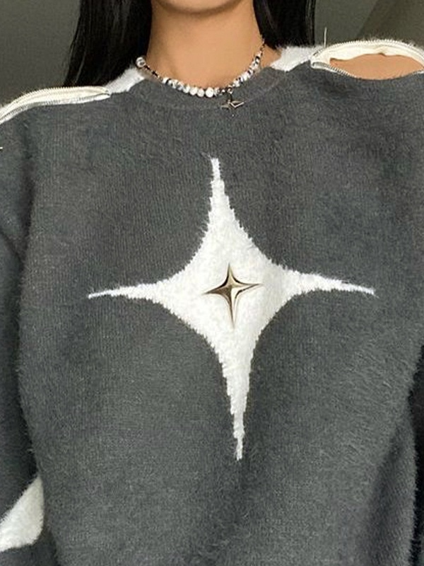 Lose Pullover mit Reißverschluss und Ausschnitt und Sternendekor-4