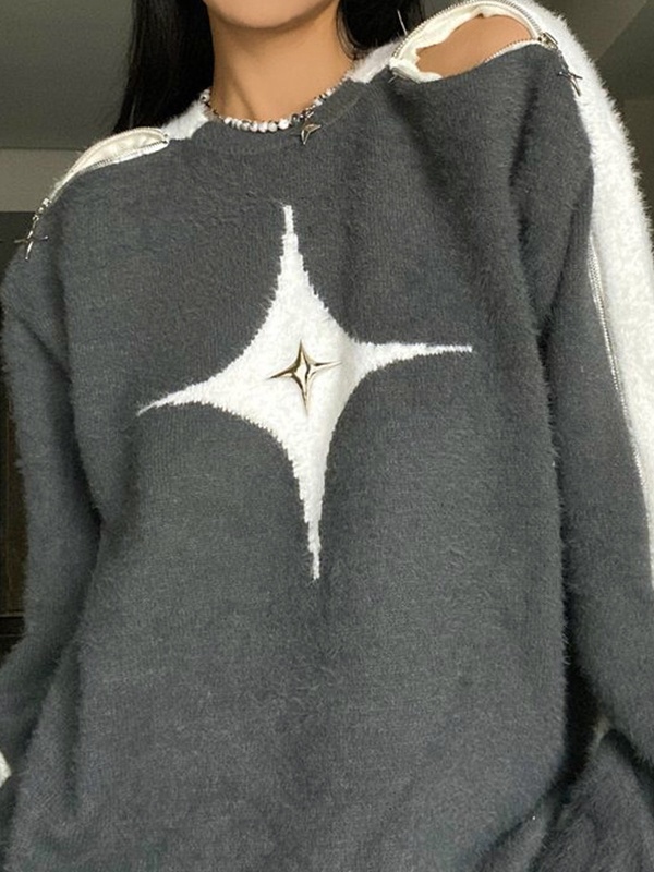 Lose Pullover mit Reißverschluss und Ausschnitt und Sternendekor-1