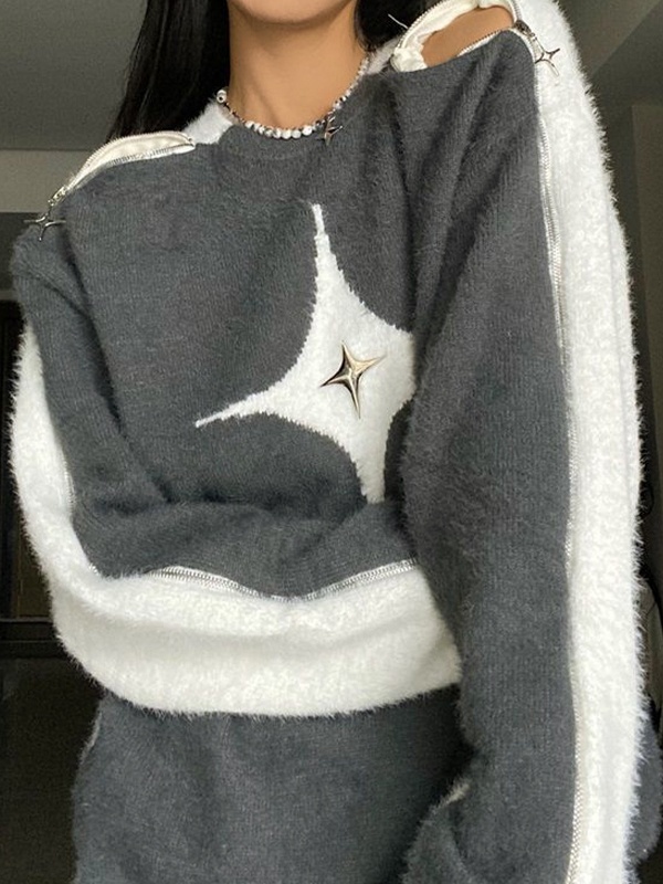 Lose Pullover mit Reißverschluss und Ausschnitt und Sternendekor-2