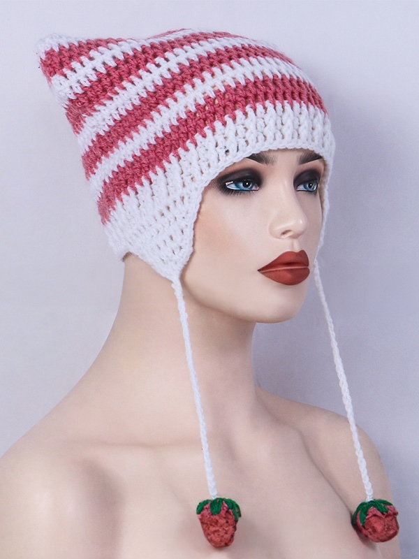 Handgefertigte Strickmütze mit Katzenohrstreifen-4