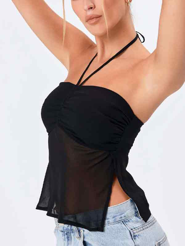 Neckholder-Weste mit Netzschlitz und Plissee-Design-3