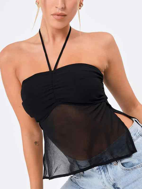 Neckholder-Weste mit Netzschlitz und Plissee-Design-1
