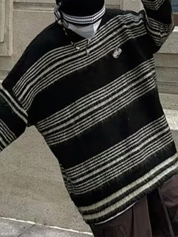 Lockerer Herrenpullover mit Fuzzy-Streifen-Print-3