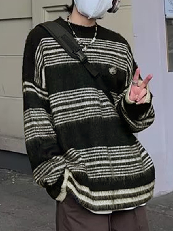Lockerer Herrenpullover mit Fuzzy-Streifen-Print-2