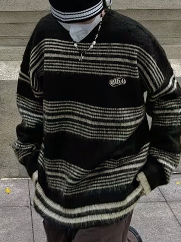 Lockerer Herrenpullover mit Fuzzy-Streifen-Print-1