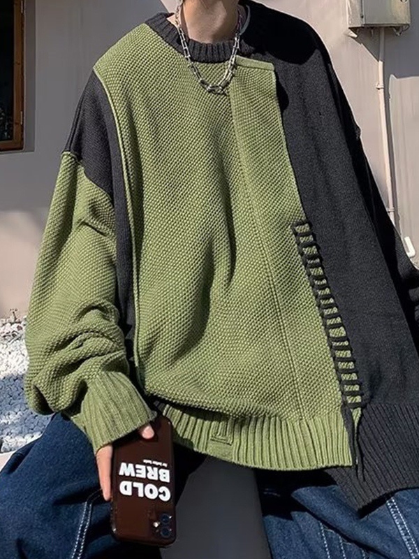 Vintage-Pullover mit Splice-Kontrastfarbe für Herren-3
