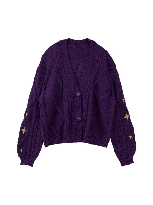 Zopfstrick-Cardigan mit V-Ausschnitt und Stern-Stickerei-1