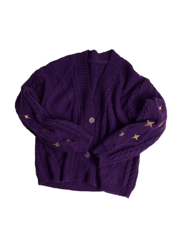Zopfstrick-Cardigan mit V-Ausschnitt und Stern-Stickerei-2