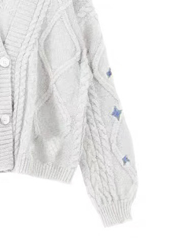 Zopfstrick-Cardigan mit V-Ausschnitt und Stern-Stickerei-1